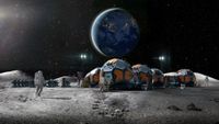 an illustration of astronauts walking among geodesic domes on the surface of the moon with the earth visible in the background