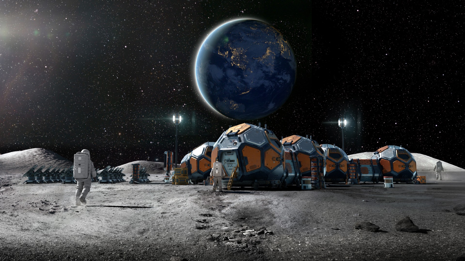 an illustration of astronauts walking among geodesic domes on the surface of the moon with the earth visible in the background