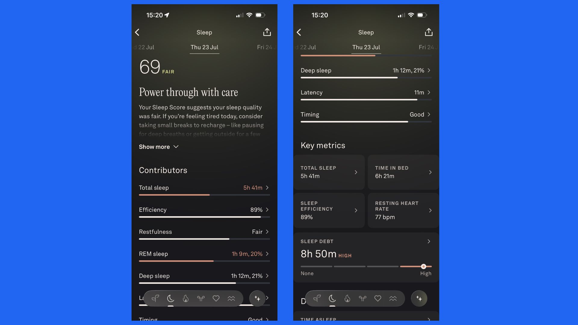 A screenshot of the Oura app displaying sleep tracking metrics.