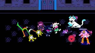 A zoomed-in screenshot from Deltarune, showing Susie, Kris, and Ralsei posing with other characters.