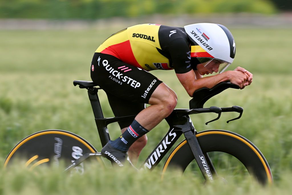 Remco Evenepoel (Soudal-Quickstep) en route to the win on stage 9 of the Giro d&#039;Italia