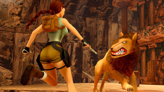 Lara Croft from Tomb Raider 1-3 Remastered goes toe-to-toe with a fierce lion.