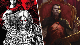 A split image showing the art from the Vampire: The Masquerade crossover and Strahd from D&D.