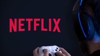 Netflix logo on TV screen with man holding game controller.