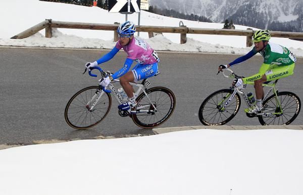 Damiano Cuenego and Sylvester Szmyd on the upper slopes of the Passo Pordoi.