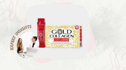 an image of Dr Vidhi in a lab coat next to a box and a sachet of gold collagen