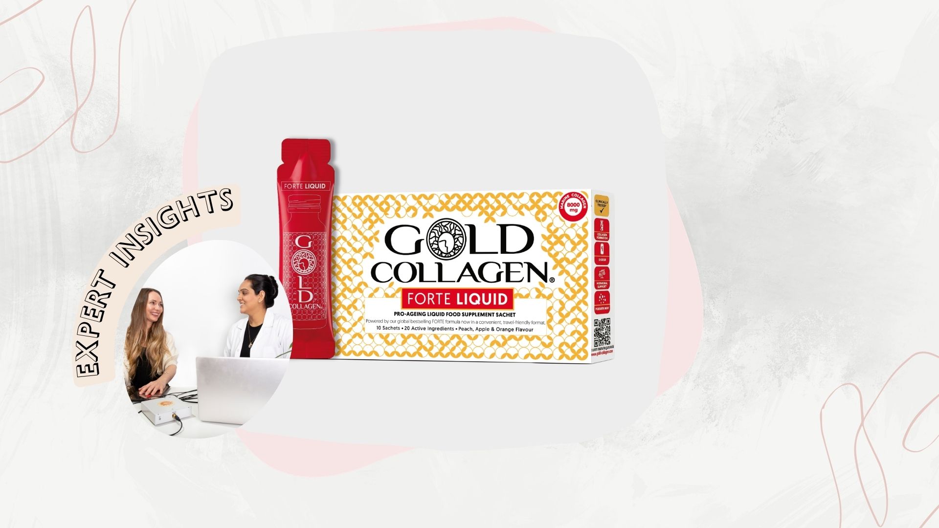 an image of Dr Vidhi in a lab coat next to a box and a sachet of gold collagen