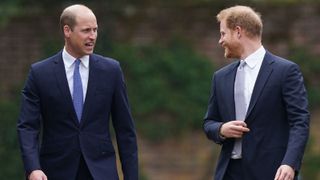 Britain's Prince William, Duke of Cambridge, (L) and Britain's Prince Harry, Duke of Sussex, arrive for the unveiling of a statue of their mother, Princess Diana at The Sunken Garden in Kensington Palace, London on July 1, 2021