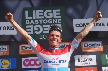 Bob Jungels (Quick-Step Floors) celebrates his victory on the podium at LIege-Bastogne-Liege