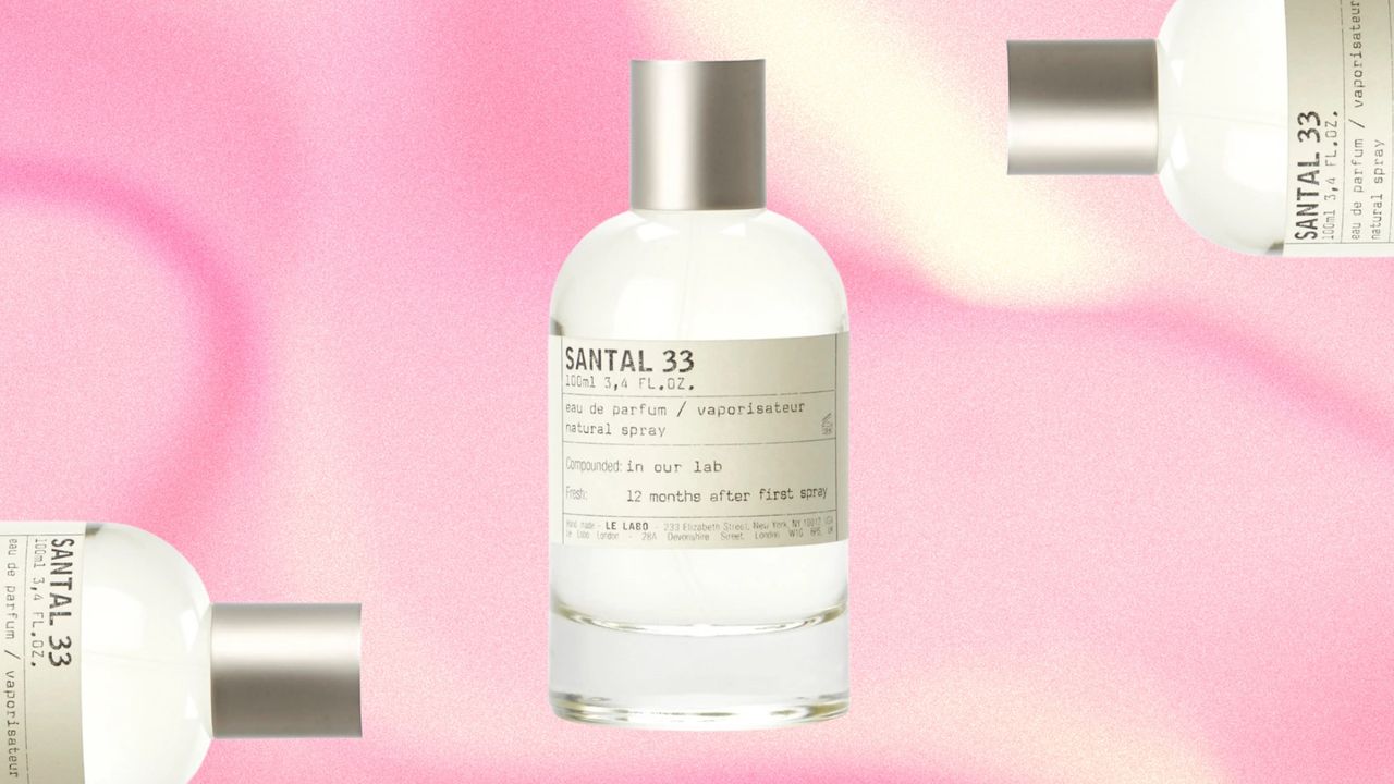 A bottle of Le Labo Santal 33 in a pink and cream abstract template