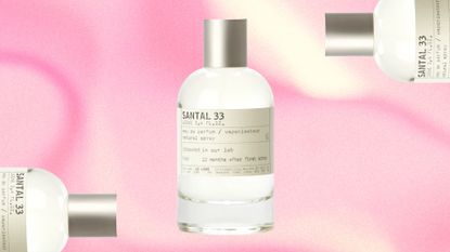 A bottle of Le Labo Santal 33 in a pink and cream abstract template