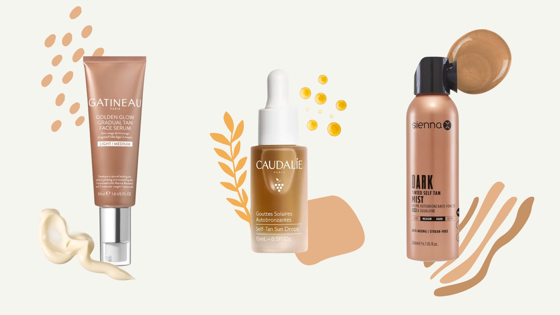 three of our best fake tan for mature skin - Gatineau Golden Glow, Caudalie Face Drops and Sienna X - on a beige background with swatches