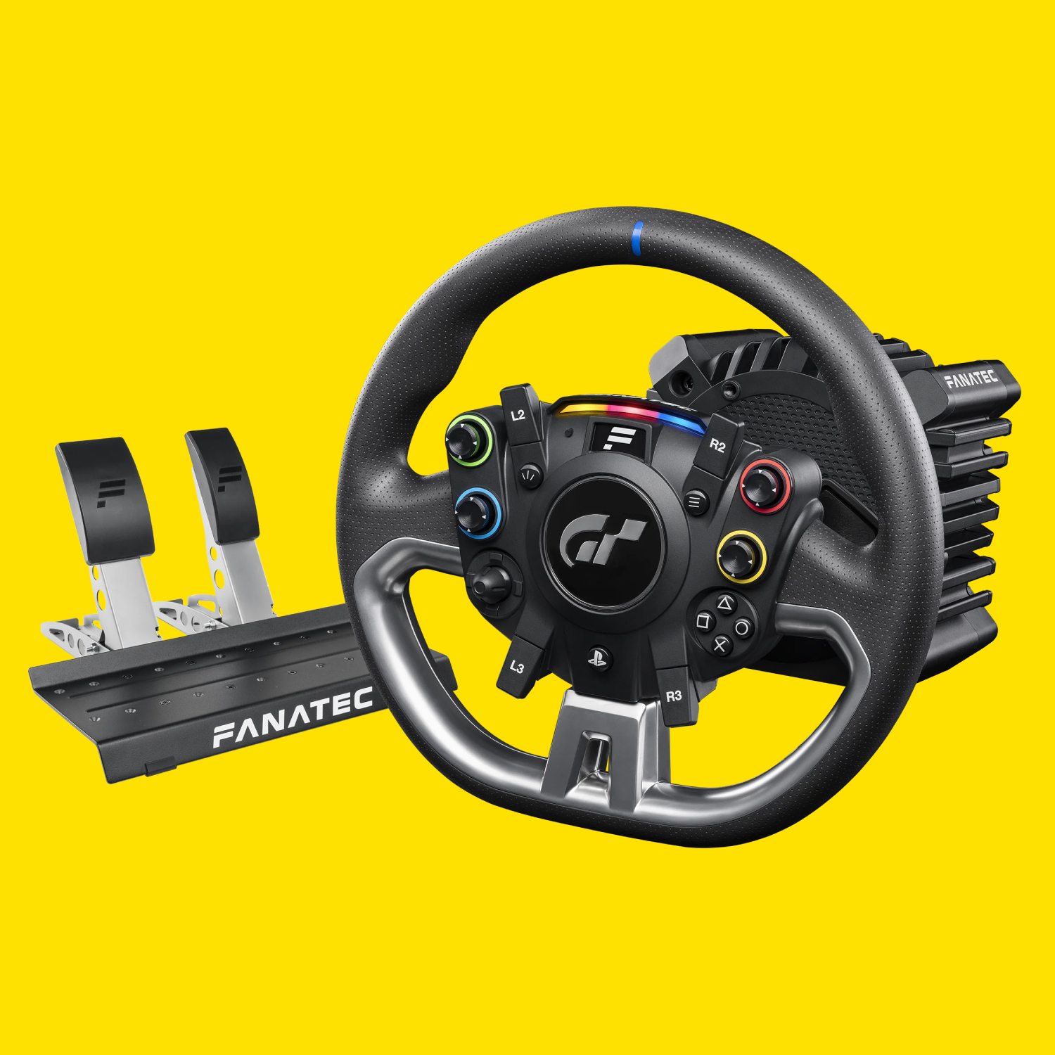A Fanatec GT DD Pro racing wheel on a yellow background