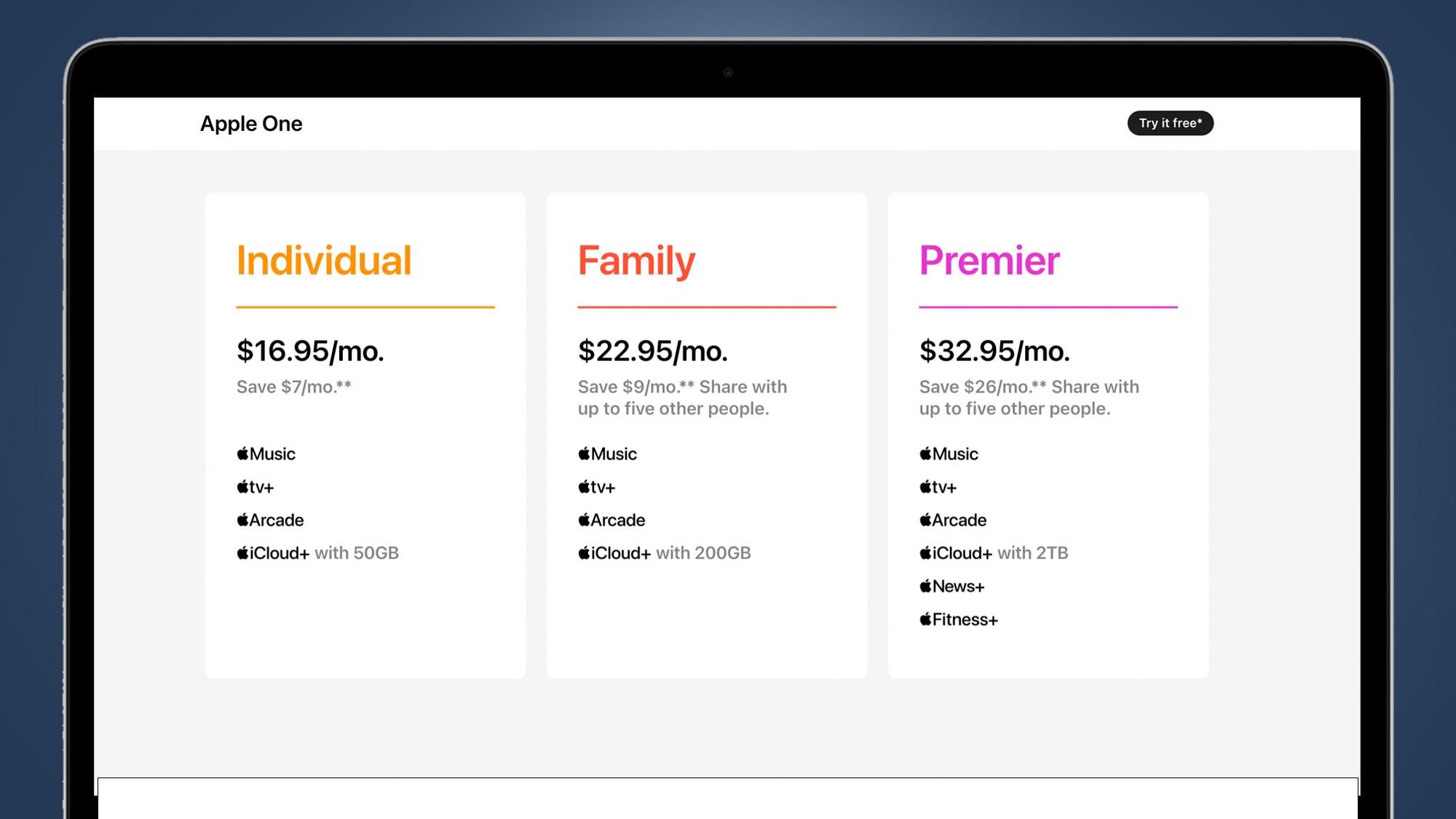 A laptop showing the pricing for the Apple One subscription