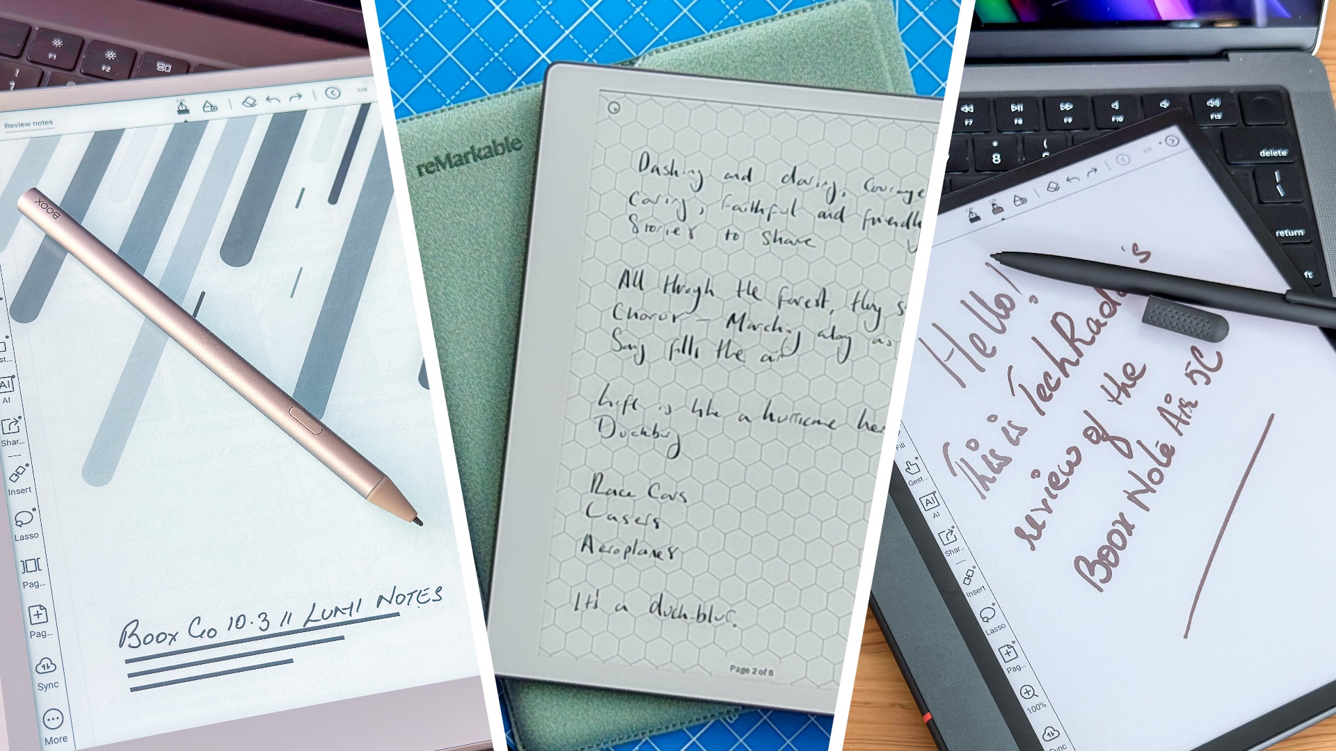 A split image showing the Boox Go 10.3 Gen II Lumi, reMarkable Paper Pure and Boox Note Air 5C digital writing tablets