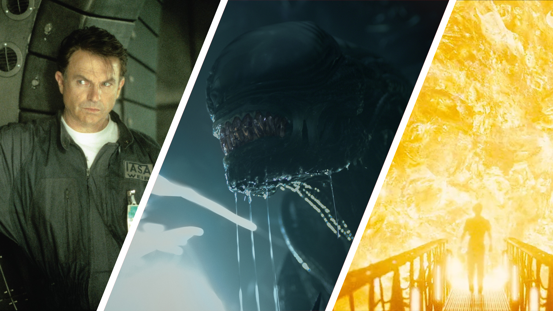 Split image showing three space horror movies: Event Horizon, Alien: Romulus, and Sunshine