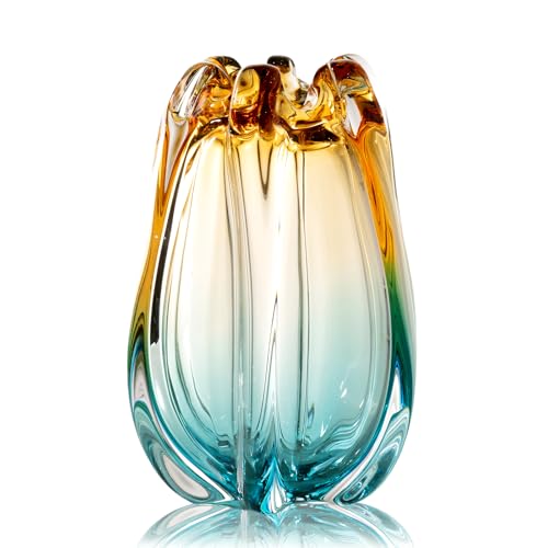 Hand Blown Glass Flower Vases, Unique Glass Vases, Wide Mouth Vases, Small Modern Art Deco Glass Vases for Home Living Room, Office, Table Centerpieces, Bookshelves and Wedding Decorations