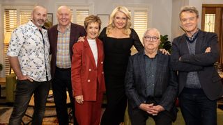 Ryan Moloney, Alan Fletcher, Jackie Woodburne, Angela Bishop, Ian Smith and Stefan Dennis attend the "Neighbours" finale event on June 29, 2022