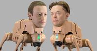 Robot dogs with the faces of Mark Zuckerberg and Elon Musk