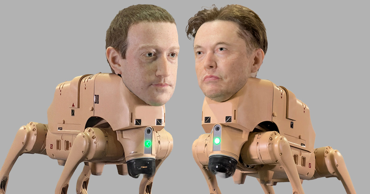 Robot dogs with the faces of Mark Zuckerberg and Elon Musk