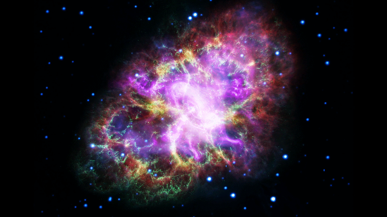 The Crab Nebula, aka Messier 1, is the remnant of a supernova that was observed and recorded by Ancient Chinese astronomers on July 4, 1054 AD. Located in the winter constellation of Taurus, in binoculars and small telescopes it appears as a faint fuzzy patch about one-quarter of the moon's diameter. But five advanced telescopes have captured it in a variety of wavelengths — its spinning pulsar's radio signal, its visible gas and dust, and the X-rays from charged electrons.