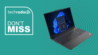 Lenovo ThinkPad E16 Gen 2 on a cyan background with a TechRadar badge reading 'Don't Miss'