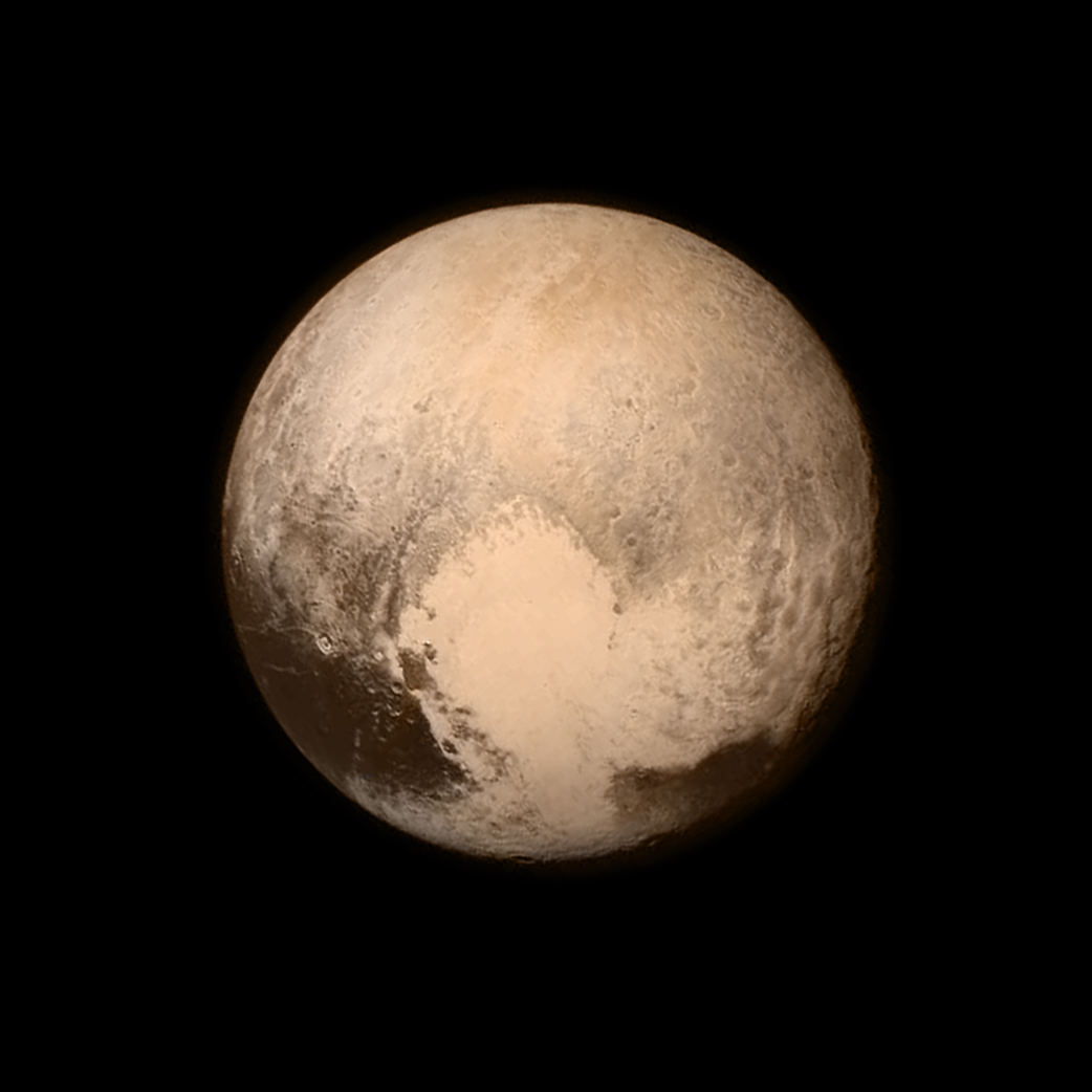 Pluto, imaged by the New Horizons probe. The heart-shaped region in the lower hemisphere was renamed recently by the mission team, from Sputnik Planum to Sputnik Planitia.