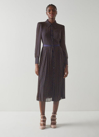 Tallis Navy And Yellow Spot Print Pleated Shirt Dress, £223.20 ($265) | L.K. Bennett&nbsp;