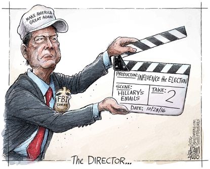 Political cartoon U.S. FBI 2016 James Comey election influence