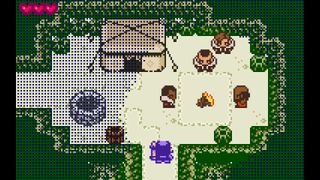 Screenshot from Ratcheteer DX, showing a GBC-style cave with four pixelated characters finding warmth around a fire.