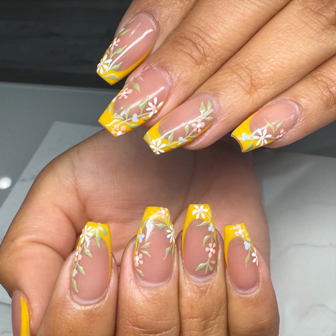 yellow floral french manicure short coffin nails