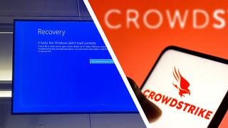 A blue screen of death next to a hand holding a phone showing the Crowdstrike logo