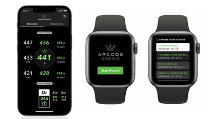 Arccos Golf apps seen on a phone and two apple smart watches