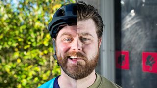 Two images juxtaposed, with the left side showing one half of a man's face where he is wearing a mountain bike and smiling, and is clearly outside, and the right image shows the other half of the same man, with no helmet, a frown, and is clearly stuck indoors