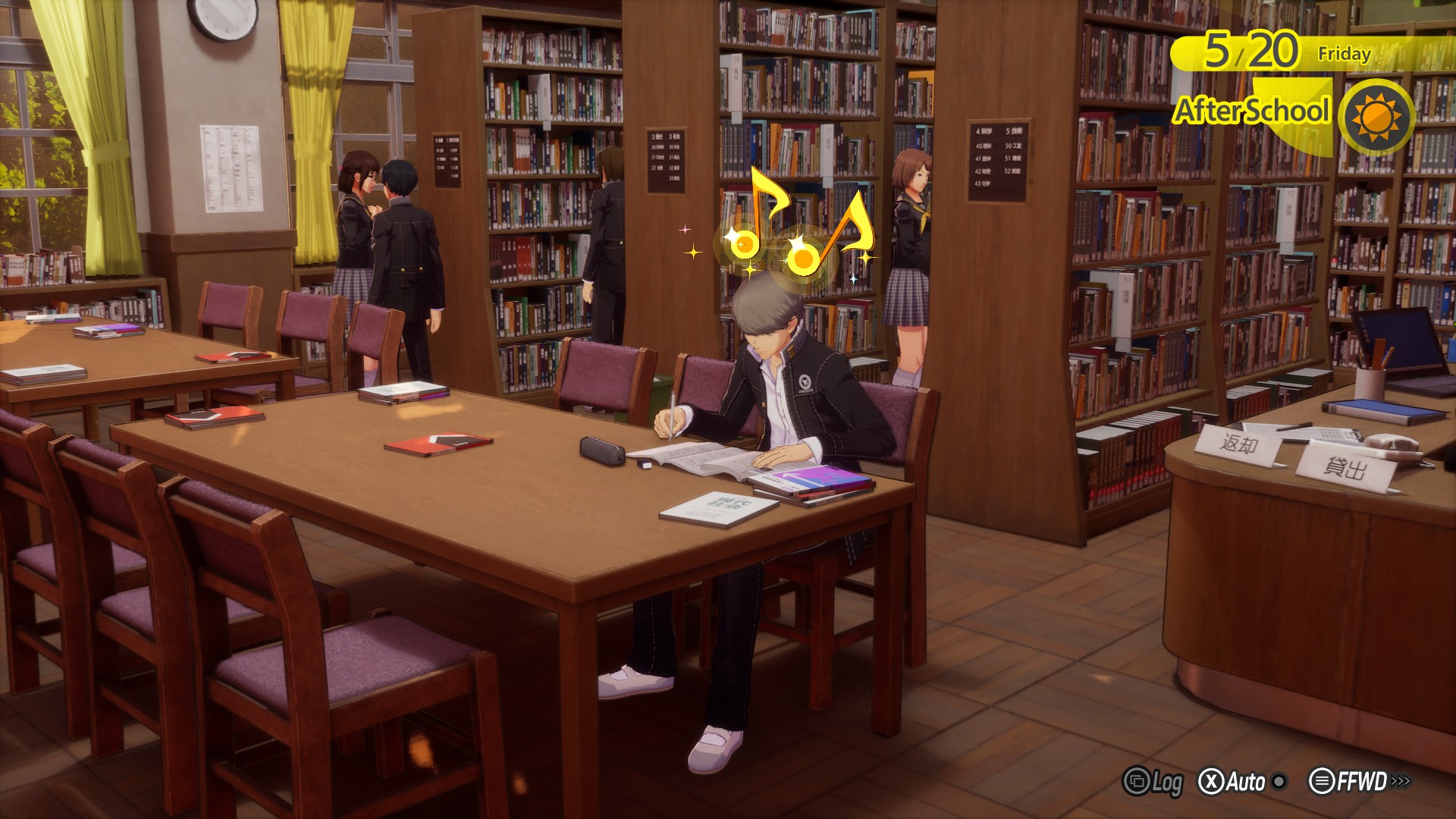 The Hero studies in the school library in Persona 4 Revival