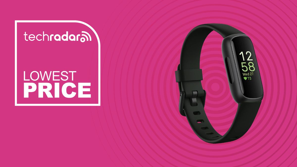 The Fitbit Inspire 3 on a pink background with text saying Lowest Price next to it.