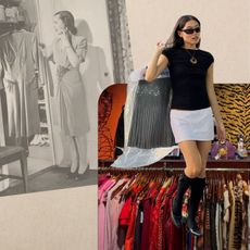 Vintage photo of woman in closet; Woman carrying her dry cleaning; Racks of vintage clothing
