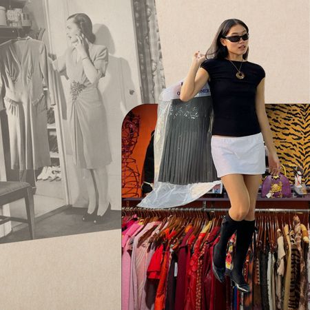 Vintage photo of woman in closet; Woman carrying her dry cleaning; Racks of vintage clothing