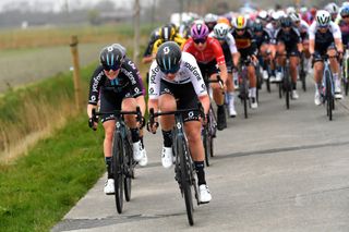 WEVELGEM BELGIUM MARCH 27 LR Charlotte Kool of Netherlands and Pfeiffer Georgi of United Kingdom and Team DSM compete during the 11th GentWevelgem In Flanders Fields 2022 Womens Elite a 159km one day race from Ypres to Wevelgem GWEwomen UCIWWT on March 27 2022 in Wevelgem Belgium Photo by Luc ClaessenGetty Images