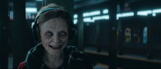 AI filmmaking; a creepy old woman in a horror film scene
