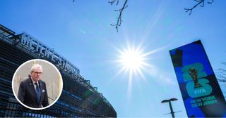 Exterior shot of Metlife Stadium, New Jersey, in the sunshine with a FIFA sign in shot and an inset picture of New Jersey governor Phil Murphy