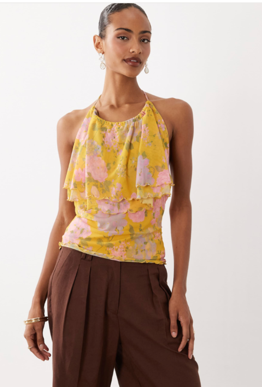 ASOS DESIGN, Printed Mesh Ruffle Halter Cami Top