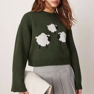 ASOS DESIGN wide sleeve knitted jumper with sheep design in dark green