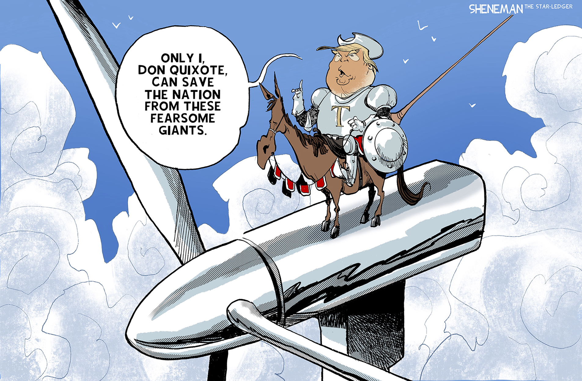 This cartoon depicts Donald Trump on a horse atop an energy-generating windmill. He says, “Only I, Don Quixote, can save the nation from these fearsome giants.”