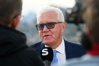 Patrick Lefevere, CEO Team manager of Team Soudal-QuickStep, meets the media press during the team presentation