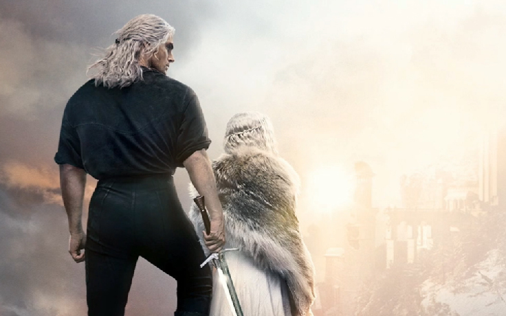 In The Witcher Season 2 poster art, Geralt and Ciri face a bright sky with their backs to us.