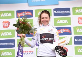 Lucy Garner in the Young Rider's jersey at the Women's Tour de Yorkshire 2016