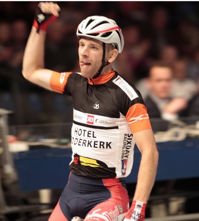 Michael Morkov celebrates his team's win in the first night Madison in Rotterdam