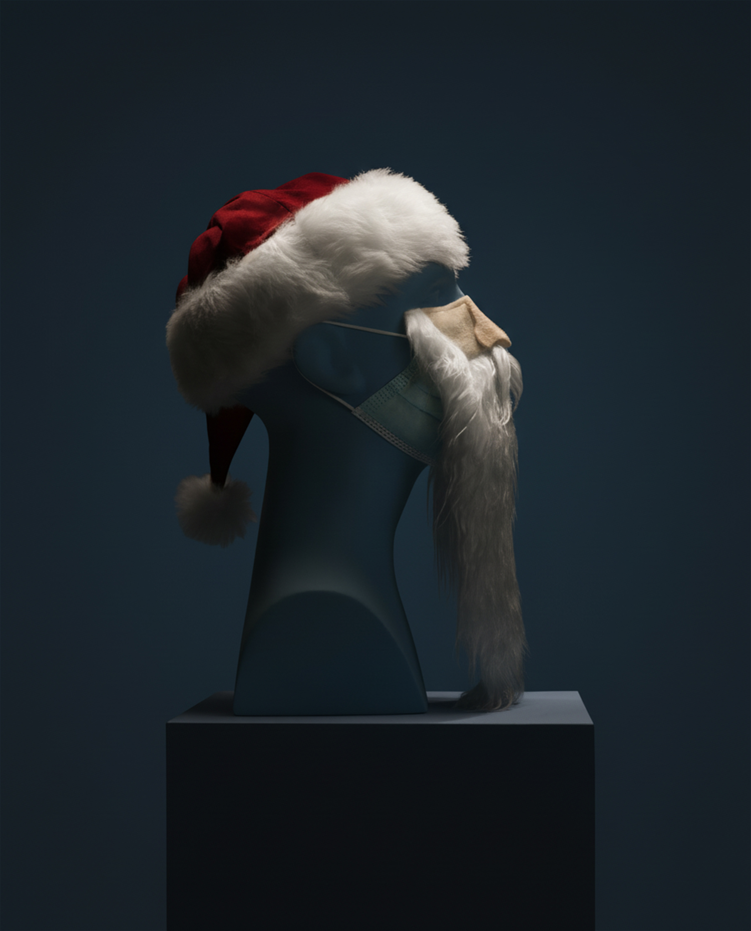 The effects of Vividon relighting plug-in on a mannequin wearing a Santa hat and beard