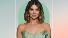 Raquel Leviss in a green dress on a sage and peach background